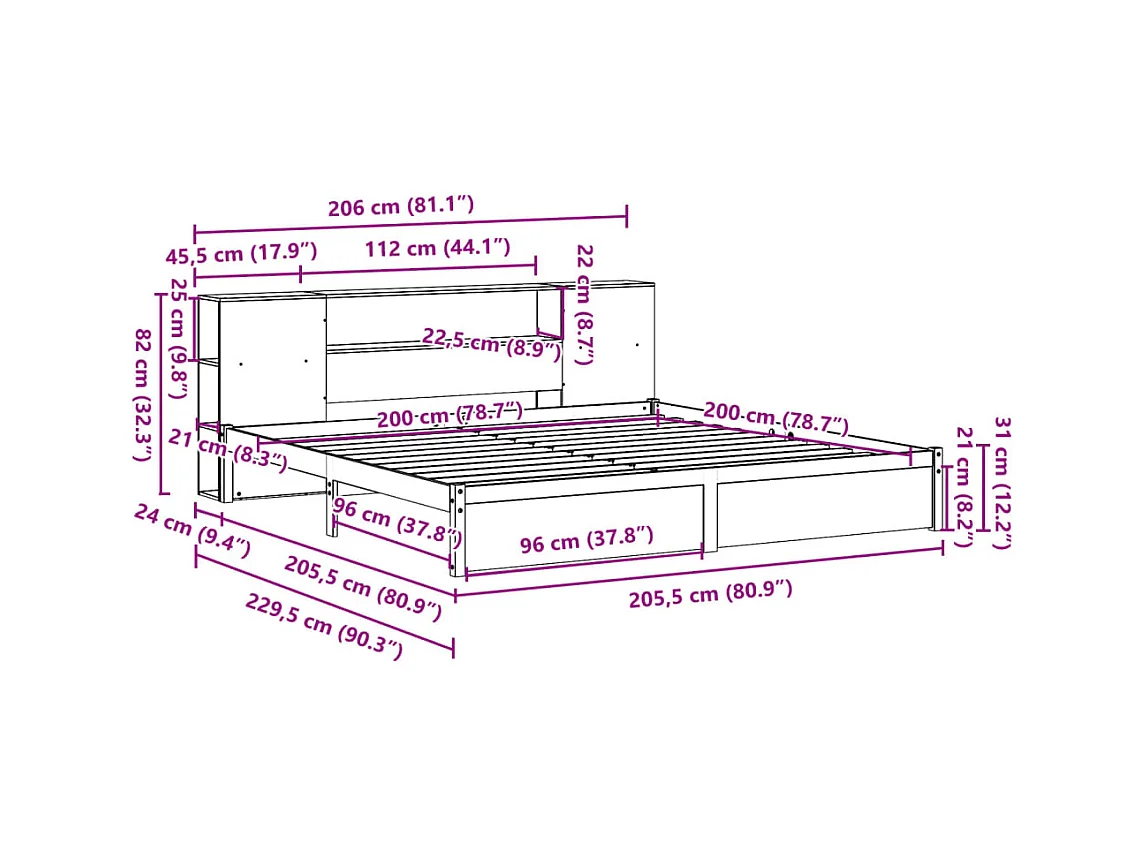 Massivholzbett mit Regal ohne Matratze 200x200 cm Kiefernholz