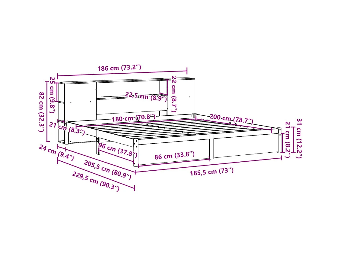 Lit bibliothèque sans matelas 180x200 cm bois massif de pin