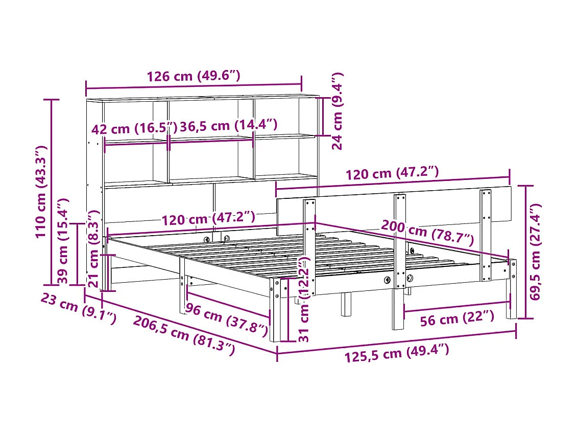 Lit bibliothèque sans matelas blanc 120x200 cm bois pin massif