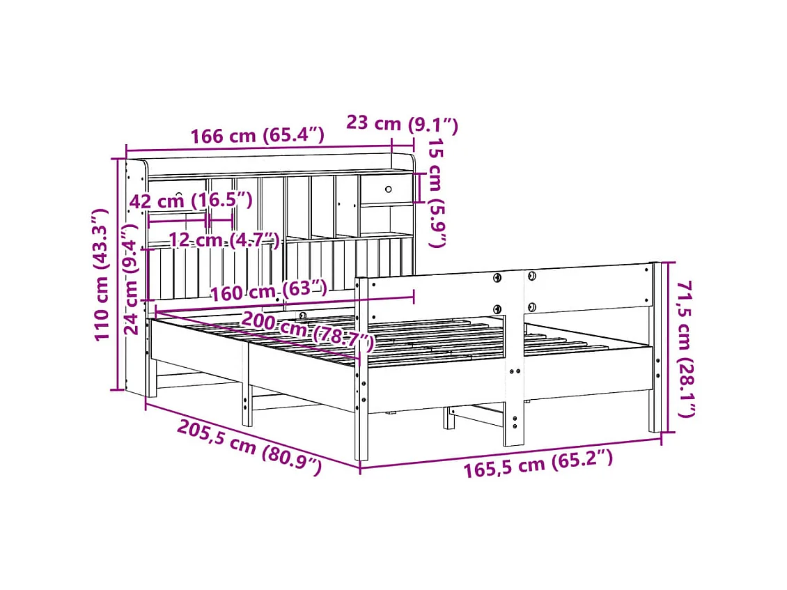 Lit bibliothèque sans matelas cire marron 160x200 cm pin massif