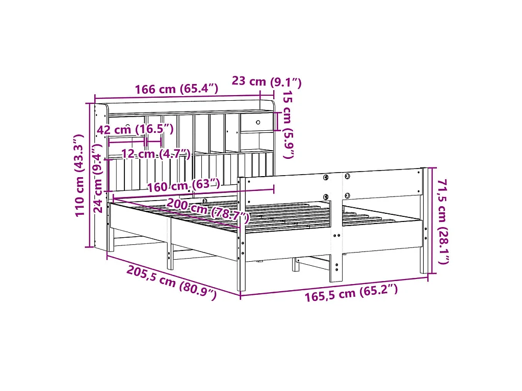 Lit bibliothèque sans matelas cire marron 160x200 cm pin massif
