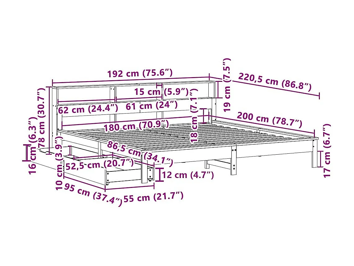 Lit bibliothèque sans matelas blanc 180x200 cm bois pin massif