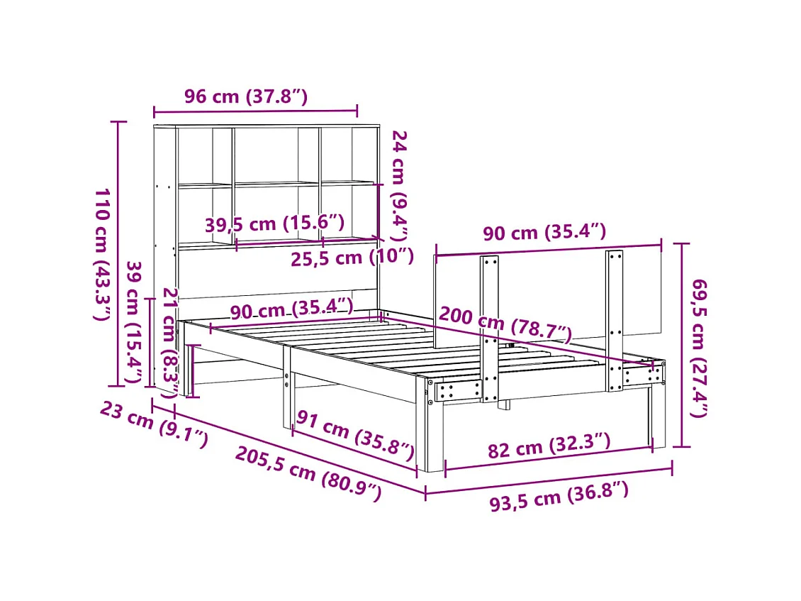 Lit bibliothèque sans matelas 90x200 cm bois de pin massif