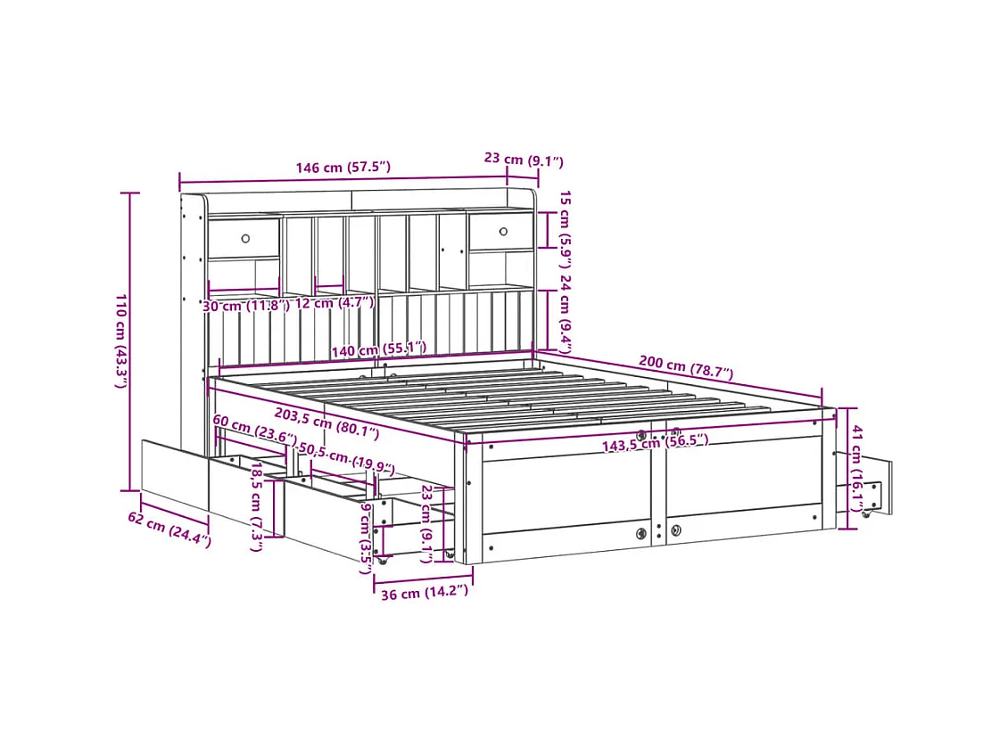 Massivholzbett mit Regal ohne Matratze Weiß 140x200 cm Kiefer