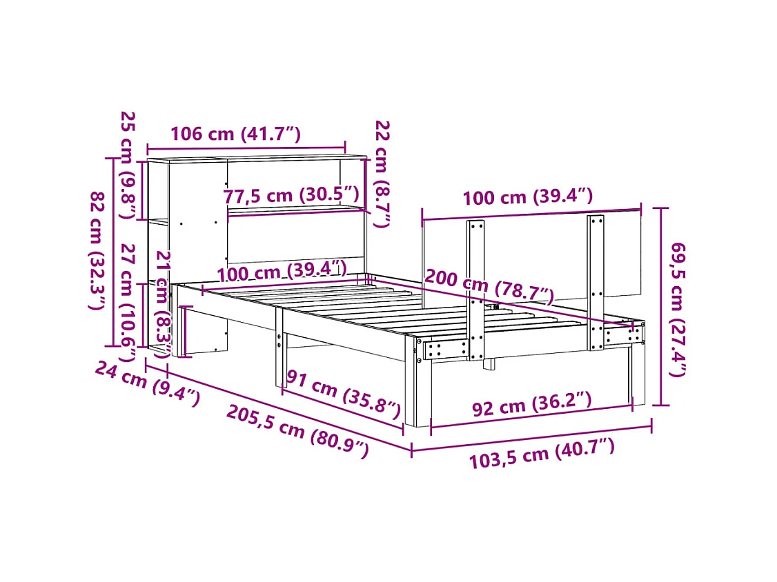 Lit bibliothèque sans matelas 100x200 cm bois massif de pin