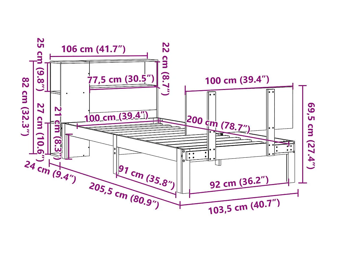 Massivholzbett mit Regal ohne Matratze 100x200 cm Kiefer