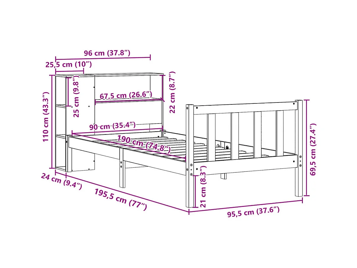 Bed met boekenkast zonder matras grenenhout wit 90x190 cm