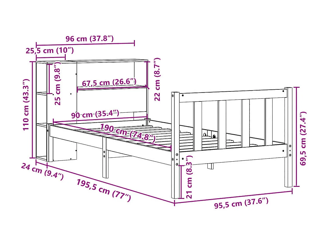 Lit bibliothèque sans matelas blanc 90x190cm bois de pin massif