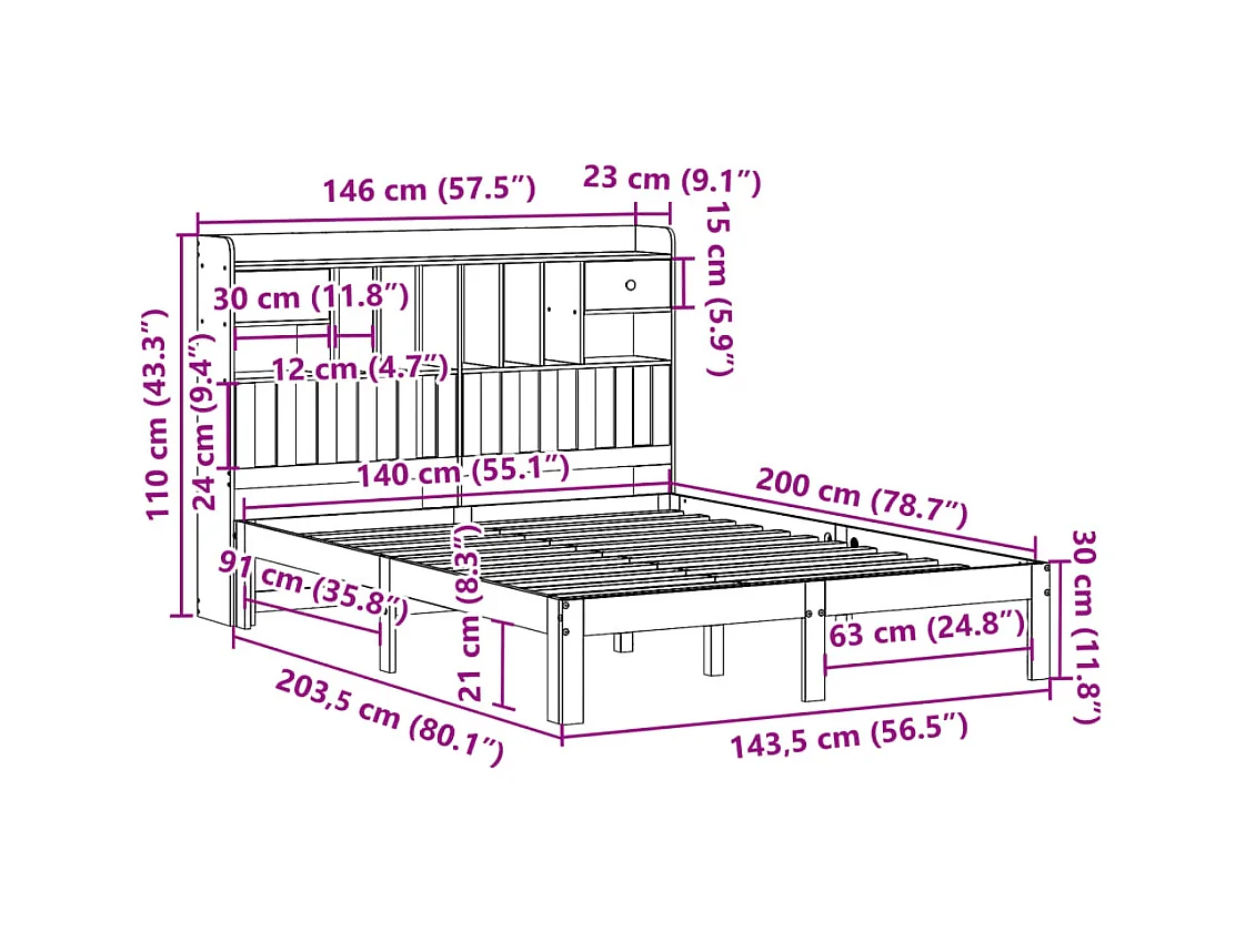 Lit bibliothèque sans matelas 140x200 cm bois massif de pin