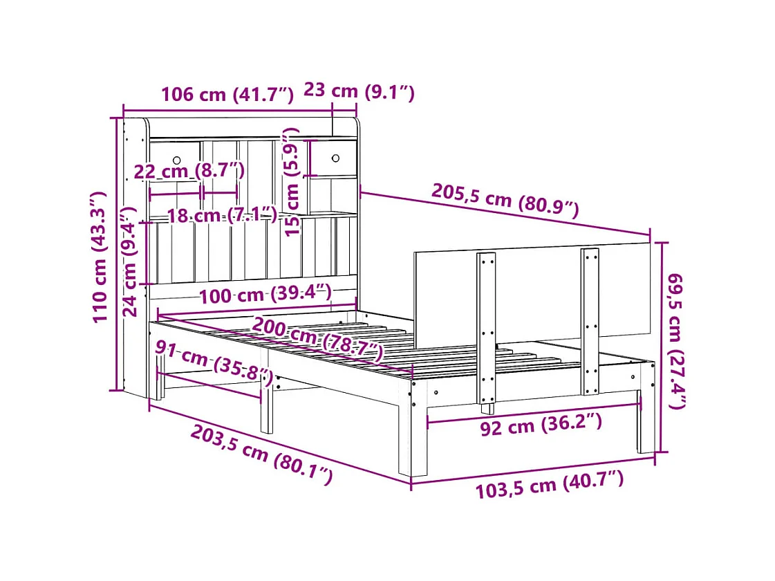 Lit bibliothèque sans matelas 100x200 cm bois massif de pin