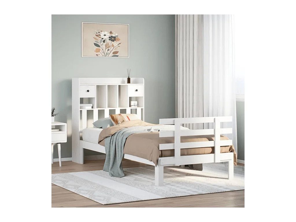 Lit bibliothèque sans matelas blanc 90x190cm bois de pin massif
