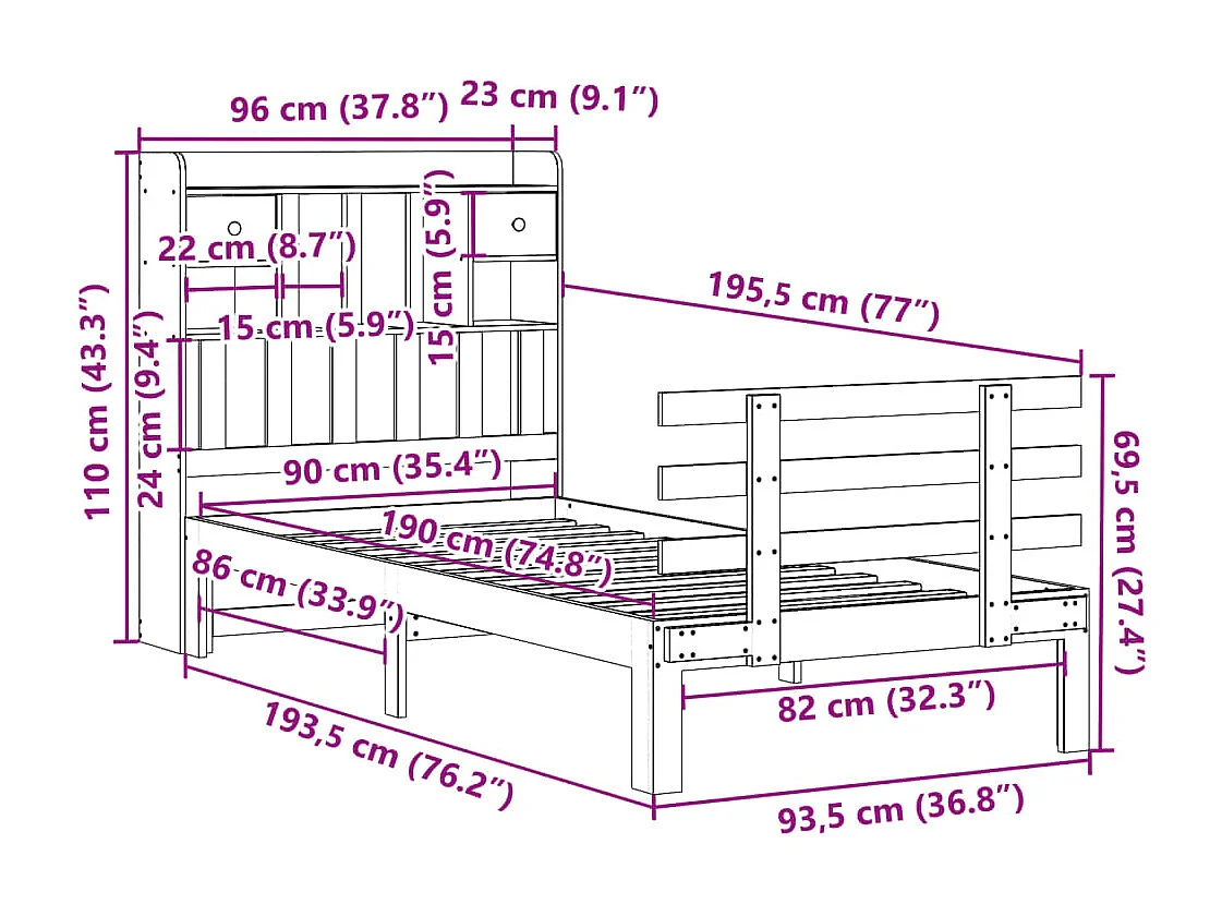 Massivholzbett mit Regal ohne Matratze Weiß 90x190 cm Kiefer