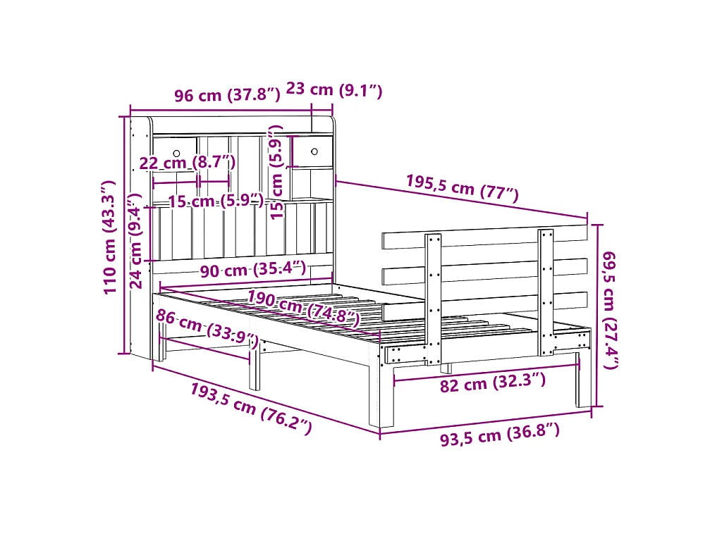 Letto Libreria senza Materasso Bianco 90x190 cm Massello Pino