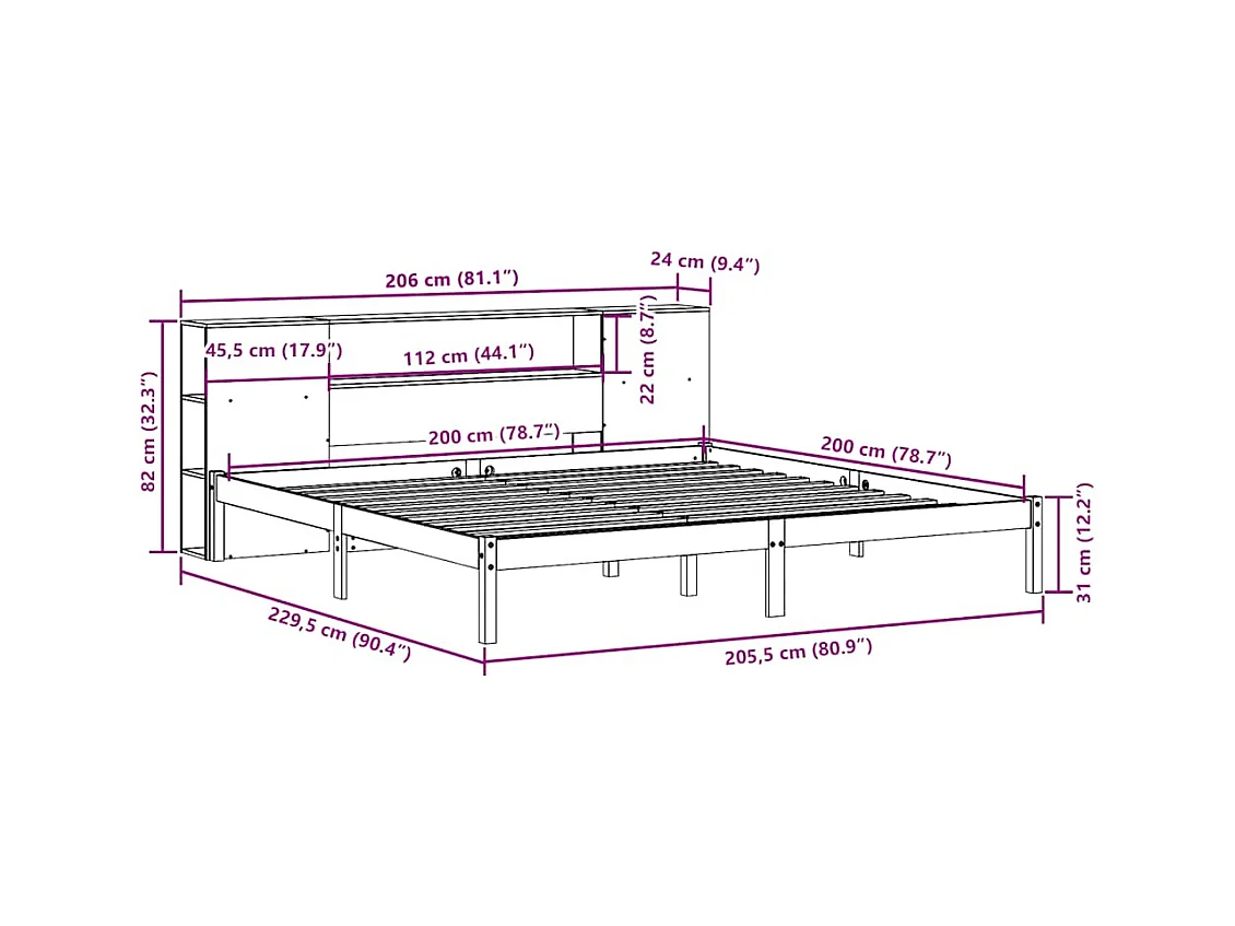 Lit bibliothèque sans matelas blanc 200x200 cm bois pin massif