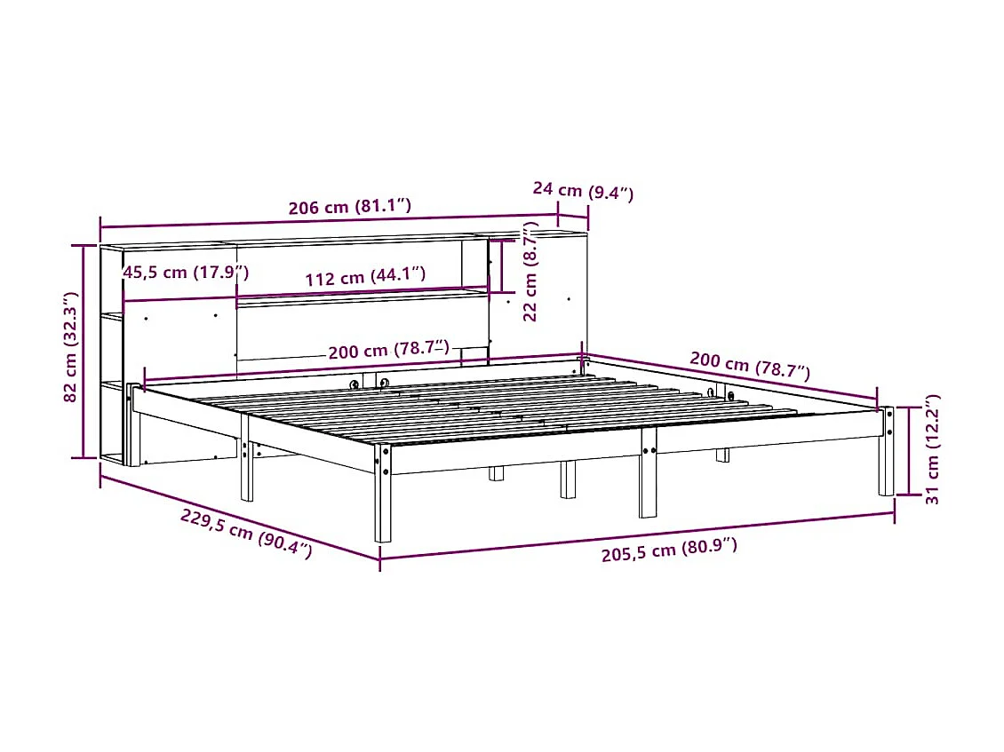 Lit bibliothèque sans matelas blanc 200x200 cm bois pin massif