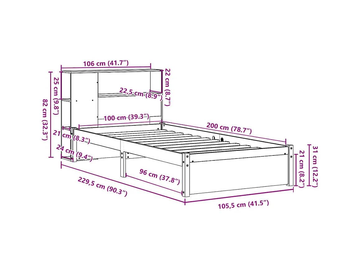 Massivholzbett mit Regal ohne Matratze Weiß 100x200 cm Kiefer