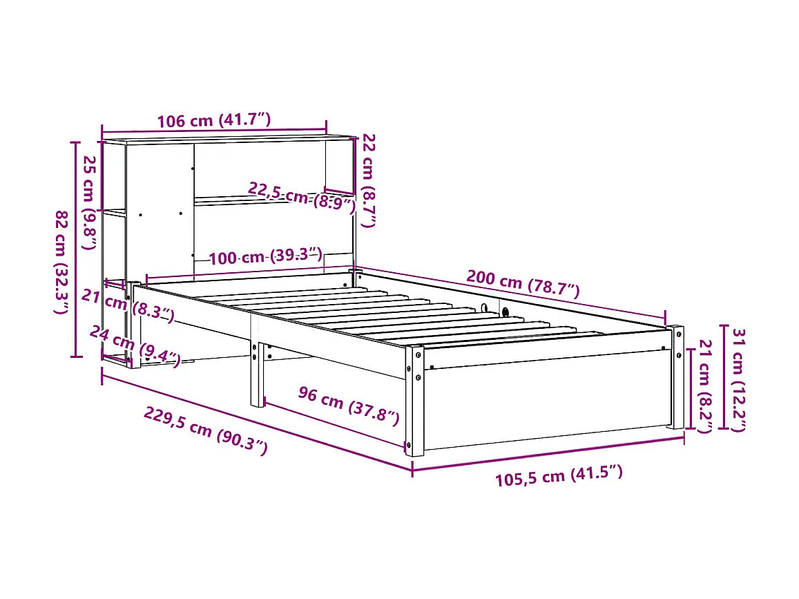 Massivholzbett mit Regal ohne Matratze Weiß 100x200 cm Kiefer