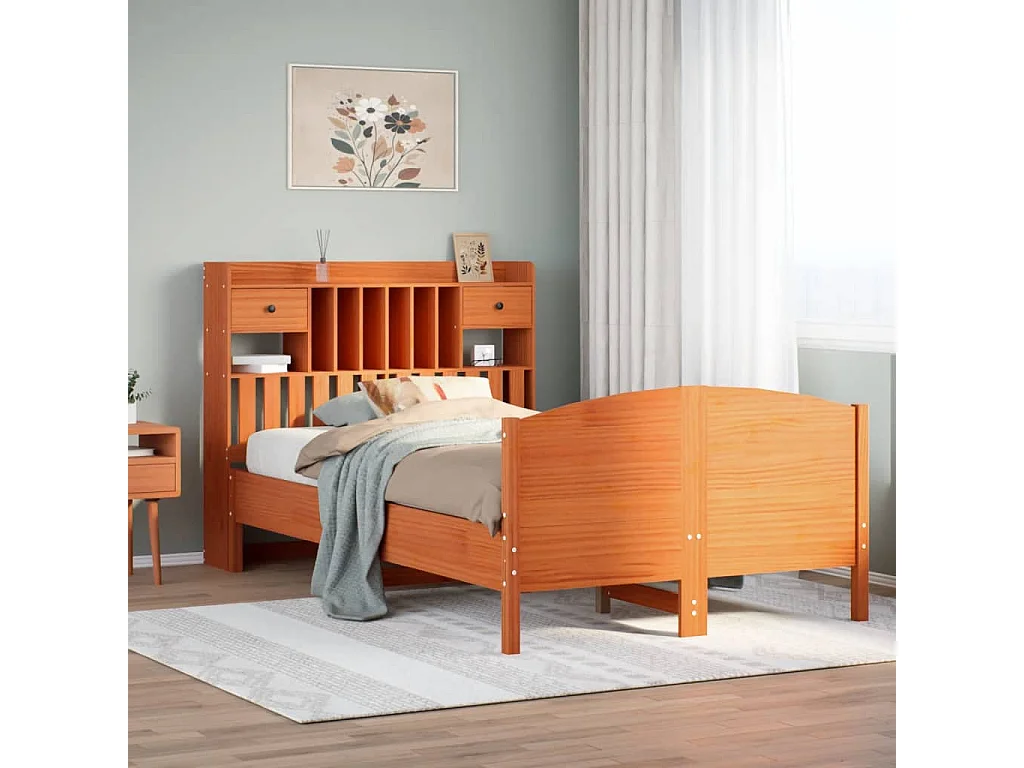 Bed met boekenkast zonder matras grenenhout wasbruin 135x190 cm