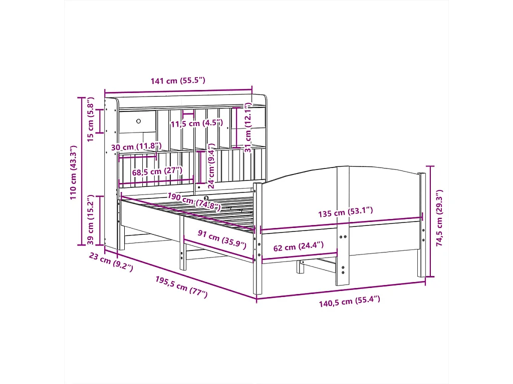Bed met boekenkast zonder matras grenenhout wasbruin 135x190 cm