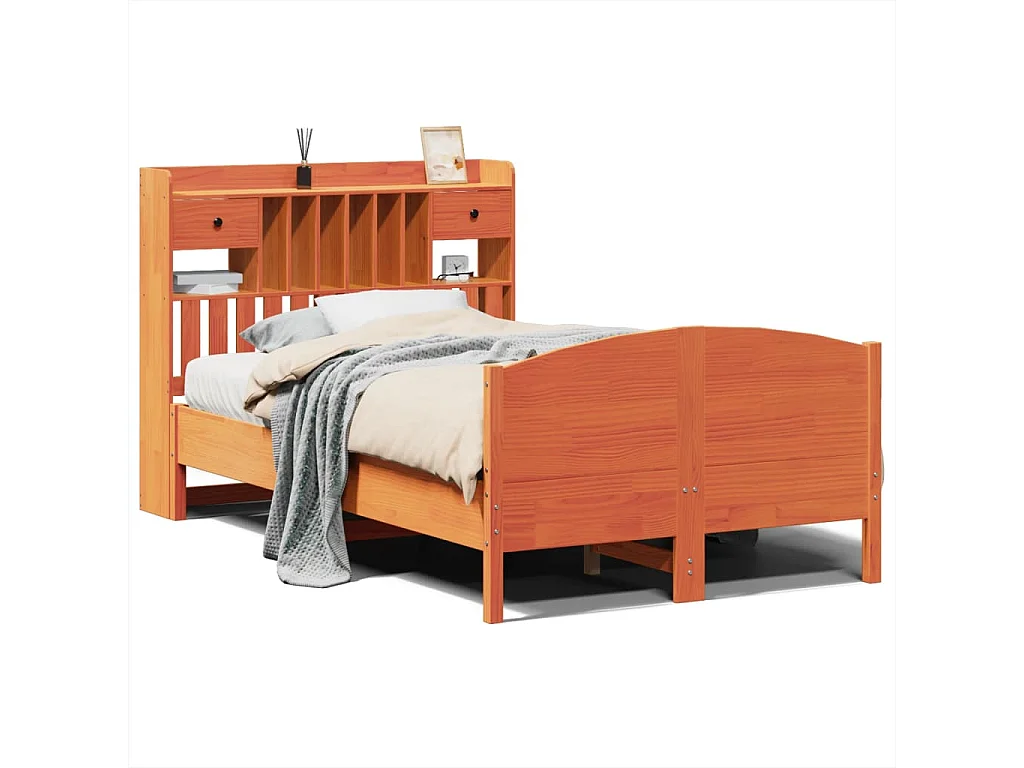 Massivholzbett mit Regal ohne Matratze Wachsbraun 135x190 cm