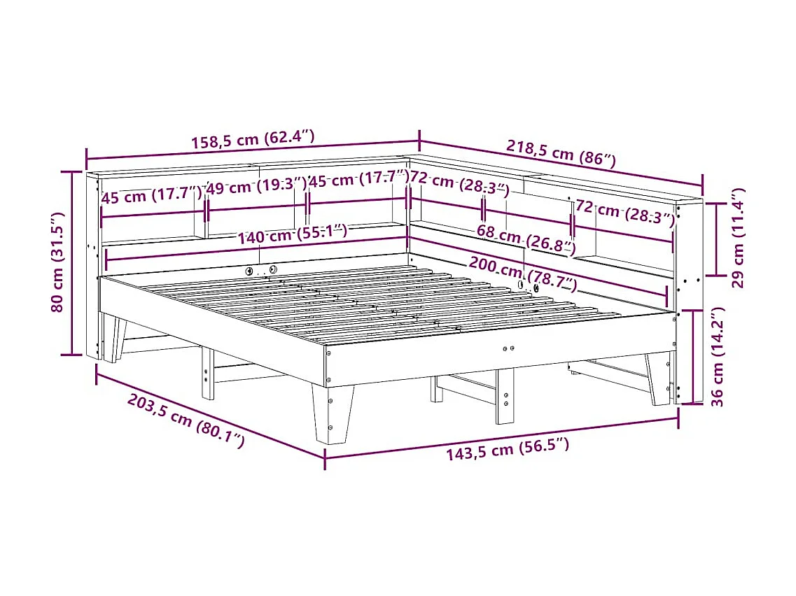 Letto Libreria senza Materasso Marrone Cera 140x200 cm in Pino