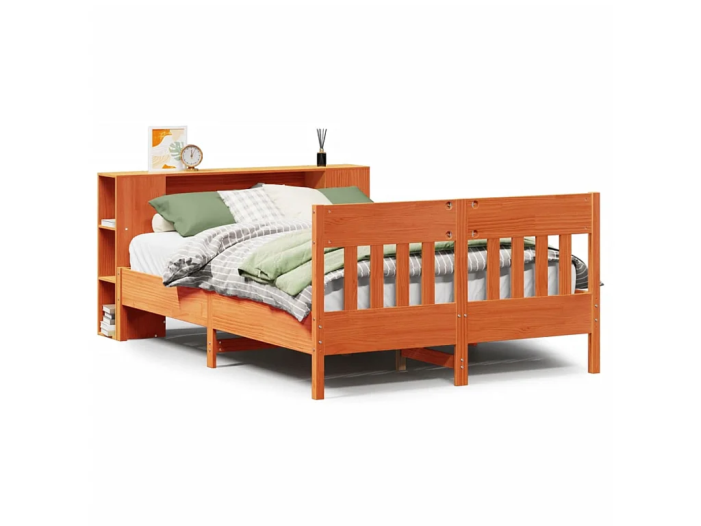 Lit bibliothèque sans matelas cire marron 150x200 cm pin massif