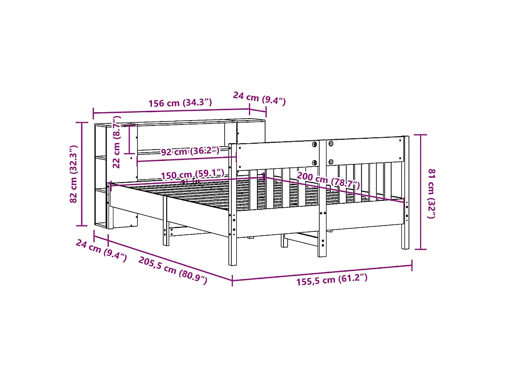 Lit bibliothèque sans matelas cire marron 150x200 cm pin massif