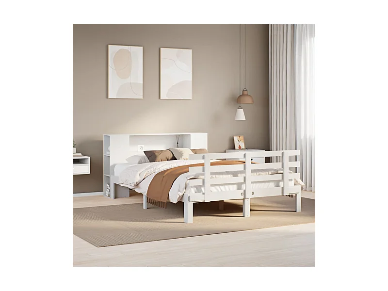 Massivholzbett mit Regal ohne Matratze Weiß 140x190 cm Kiefer