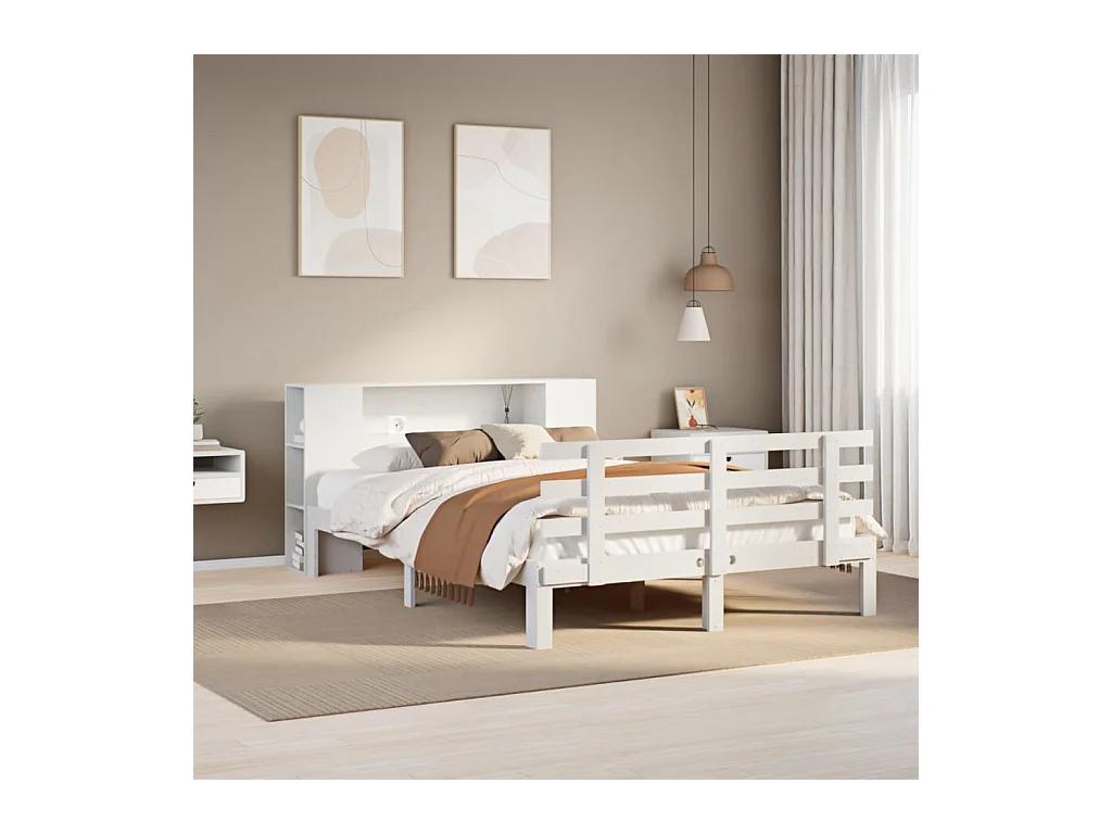 Lit bibliothèque sans matelas blanc 140x190 cm bois pin massif