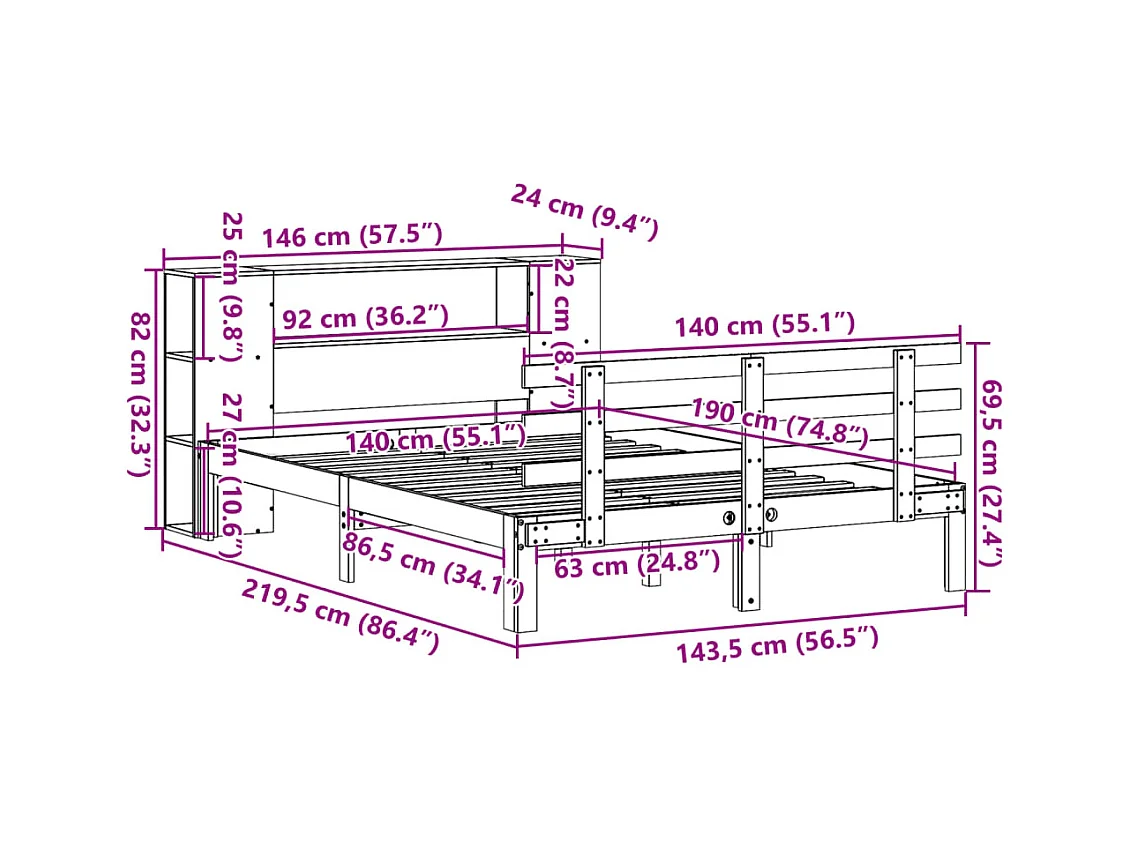Lit bibliothèque sans matelas blanc 140x190 cm bois pin massif