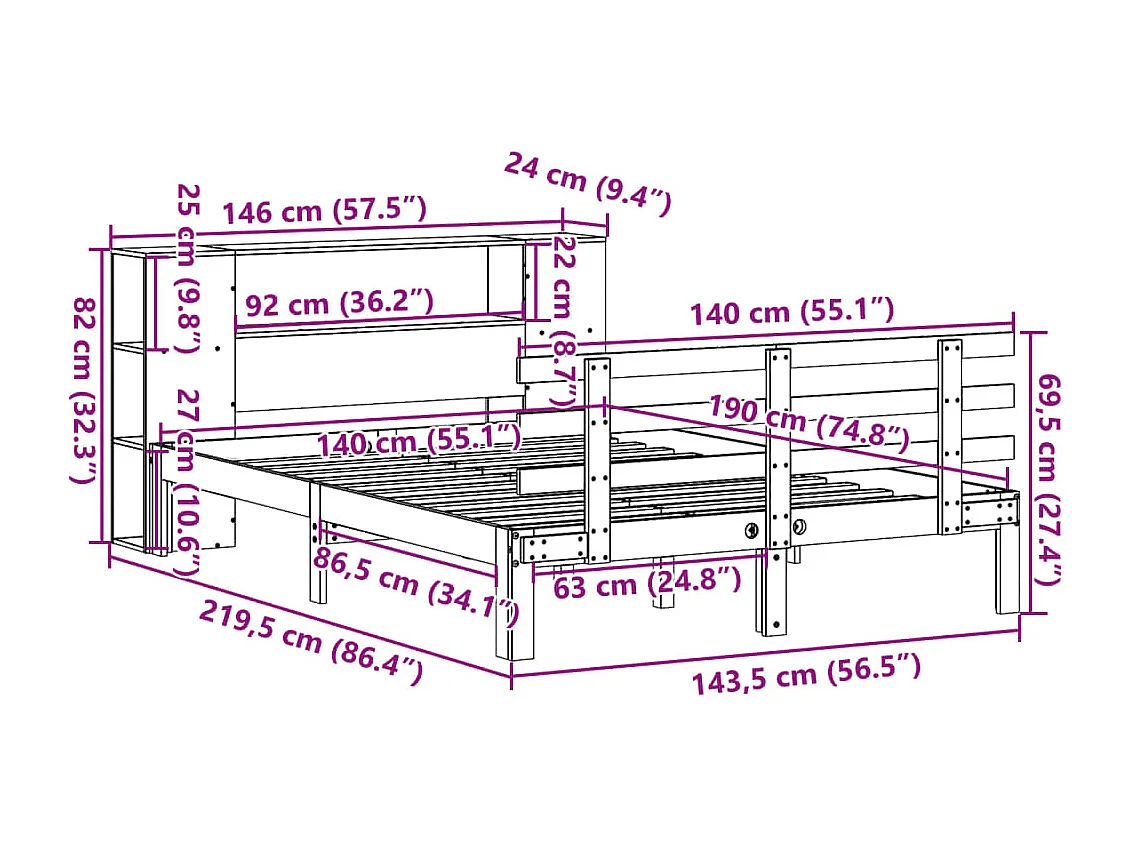 Cama con estantería sin colchón madera maciza blanca 140x190 cm