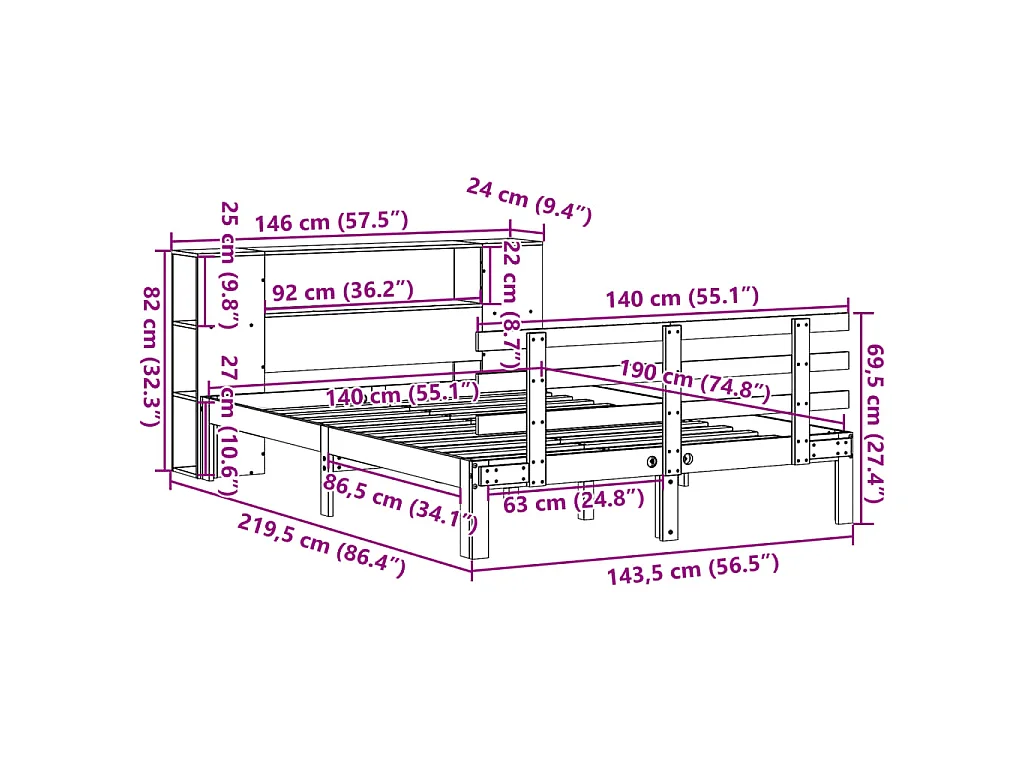 Lit bibliothèque sans matelas blanc 140x190 cm bois pin massif