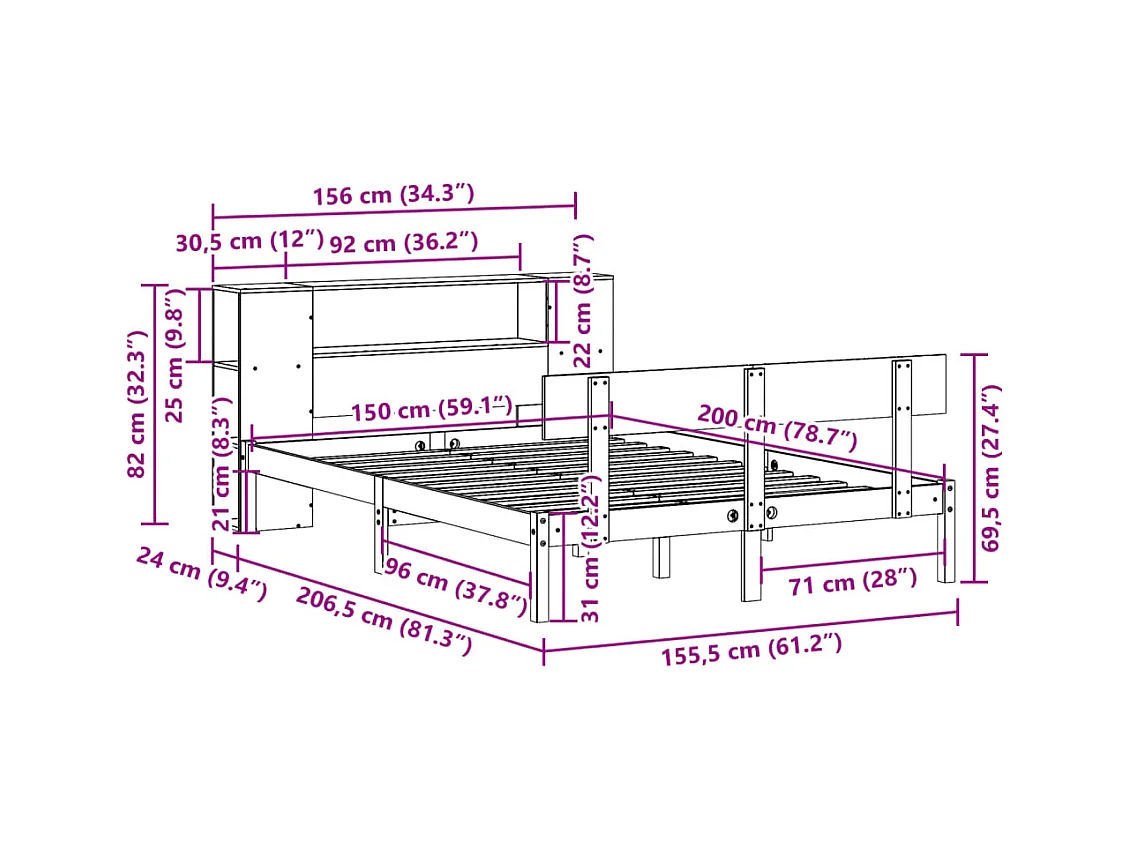 Cama con estantería sin colchón madera maciza blanca 150x200 cm