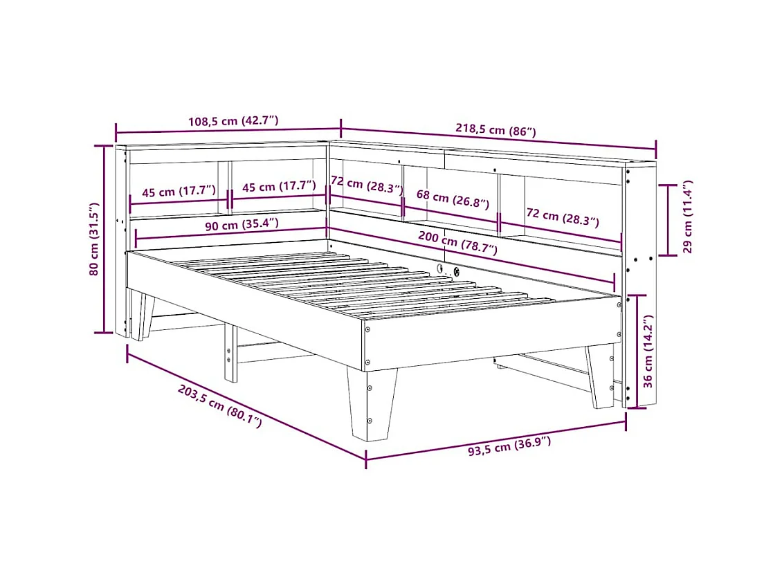 Lit bibliothèque sans matelas cire marron 90x200 cm pin massif