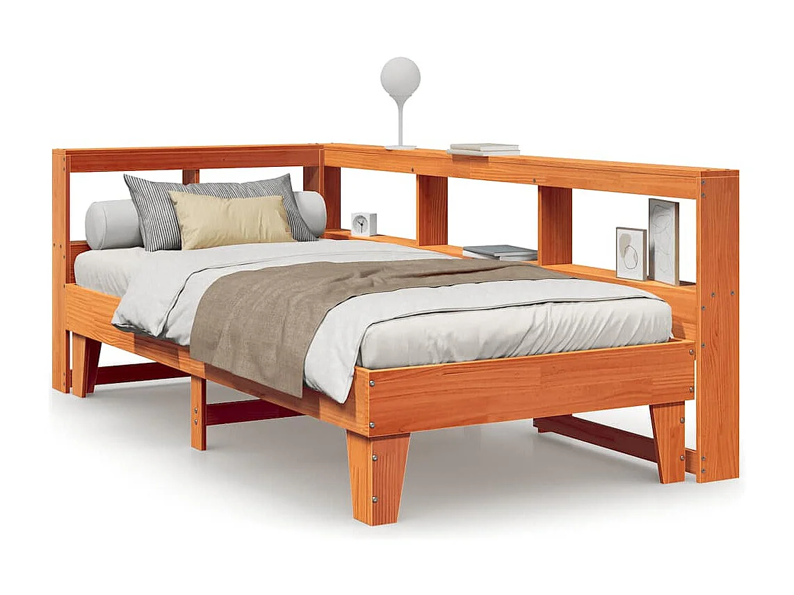 Bed met boekenkast zonder matras grenenhout wasbruin 90x200 cm