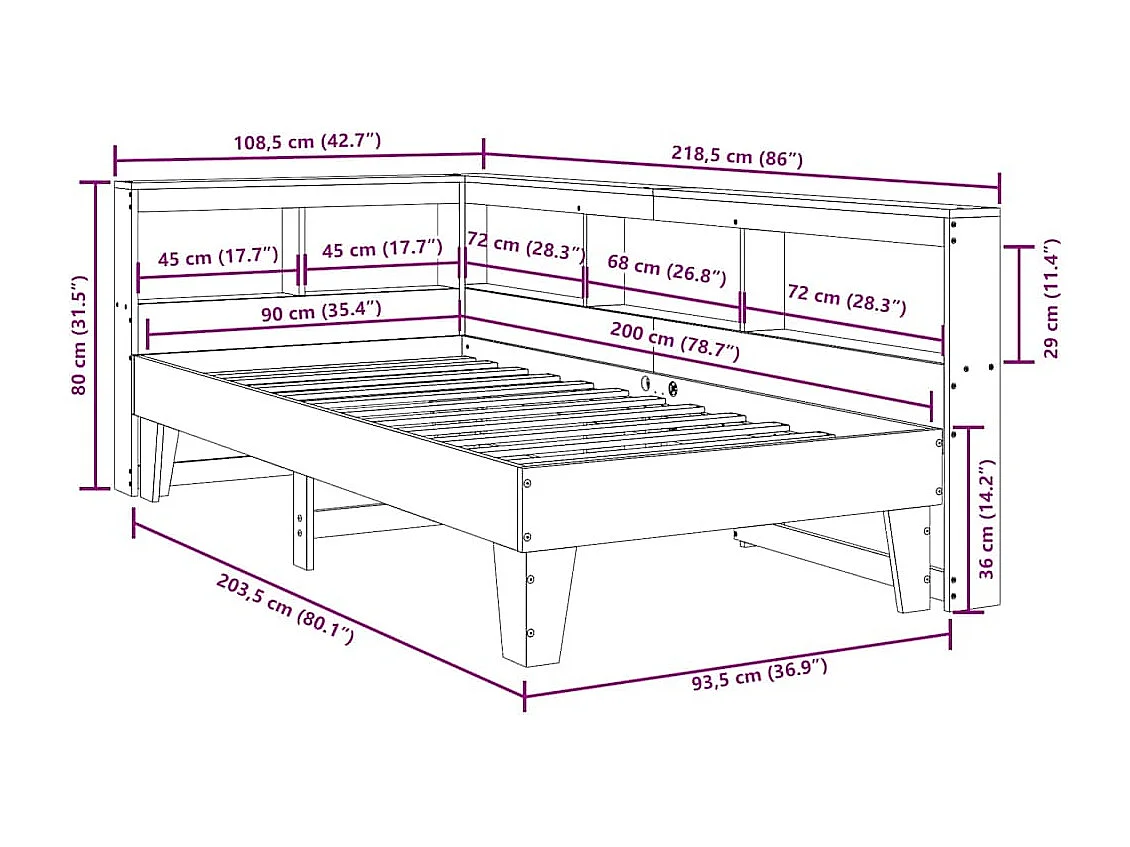 Bed met boekenkast zonder matras grenenhout wasbruin 90x200 cm