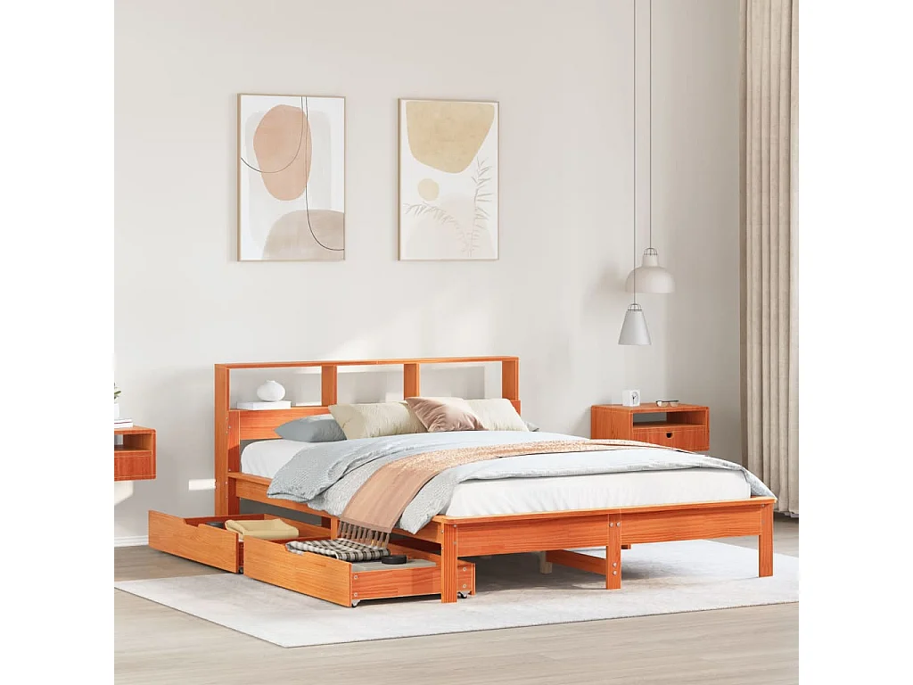 Lit bibliothèque sans matelas cire marron 140x190 cm pin massif
