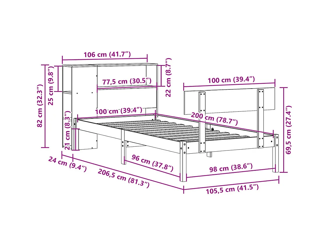Lit bibliothèque sans matelas blanc 100x200 cm bois pin massif