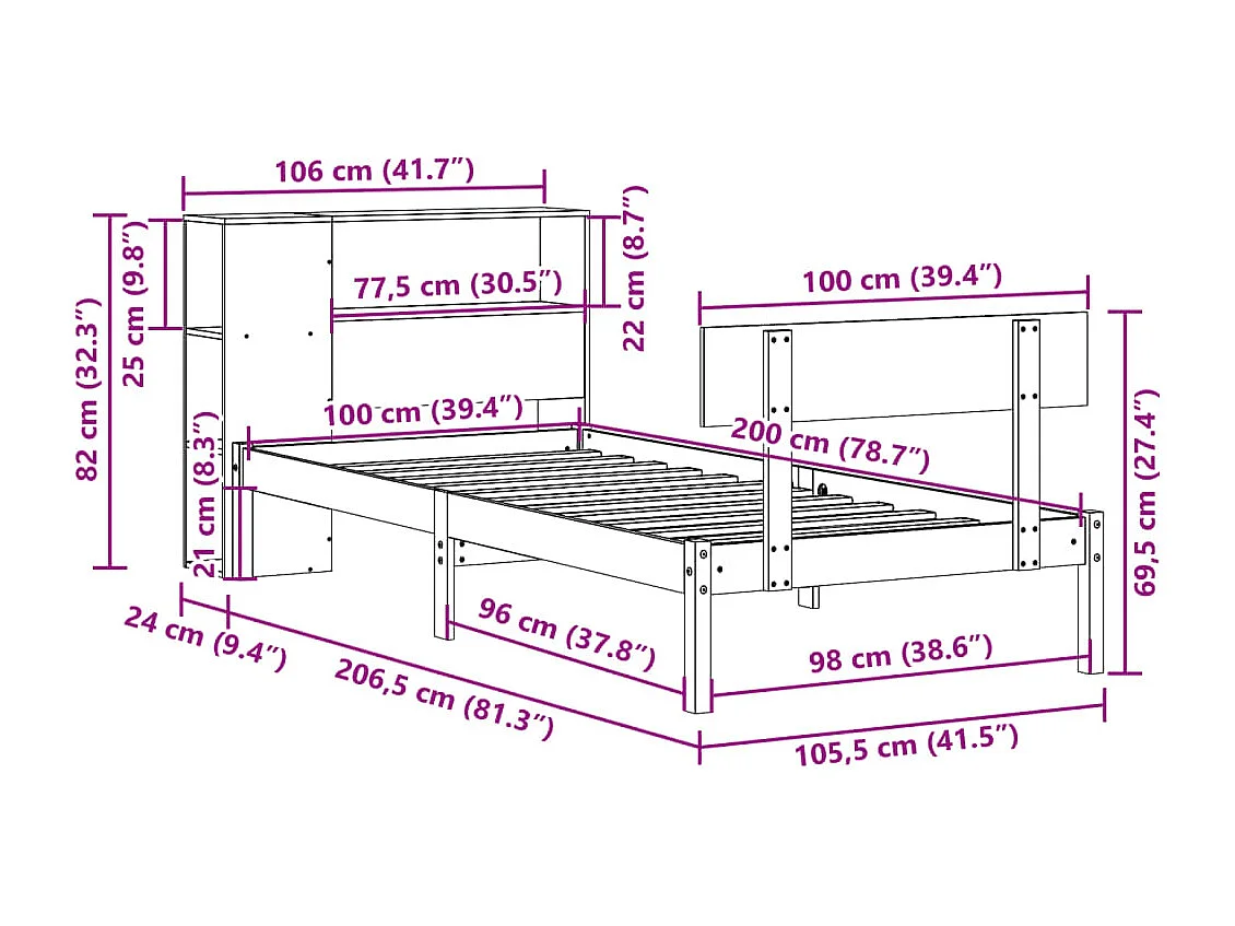 Bed met boekenkast zonder matras grenenhout wit 100x200 cm