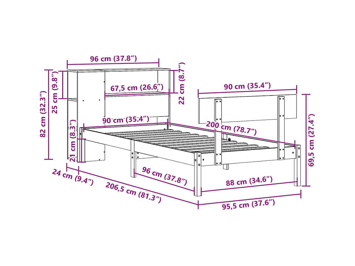 Lit bibliothèque sans matelas 90x200 cm bois de pin massif