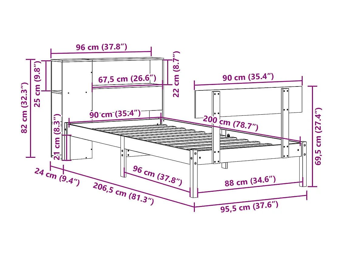 Lit bibliothèque sans matelas 90x200 cm bois de pin massif