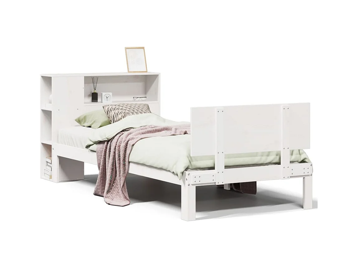 Lit bibliothèque sans matelas blanc 90x200cm bois de pin massif