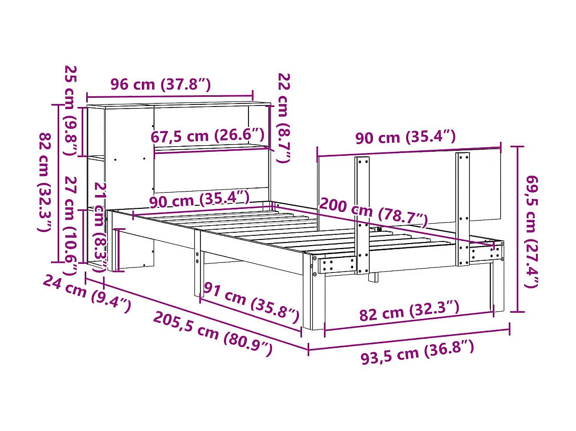 Bed met boekenkast zonder matras grenenhout wit 90x200 cm
