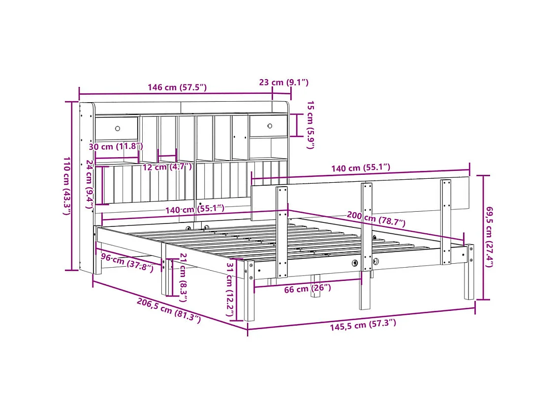 Lit bibliothèque sans matelas 140x200 cm bois massif de pin