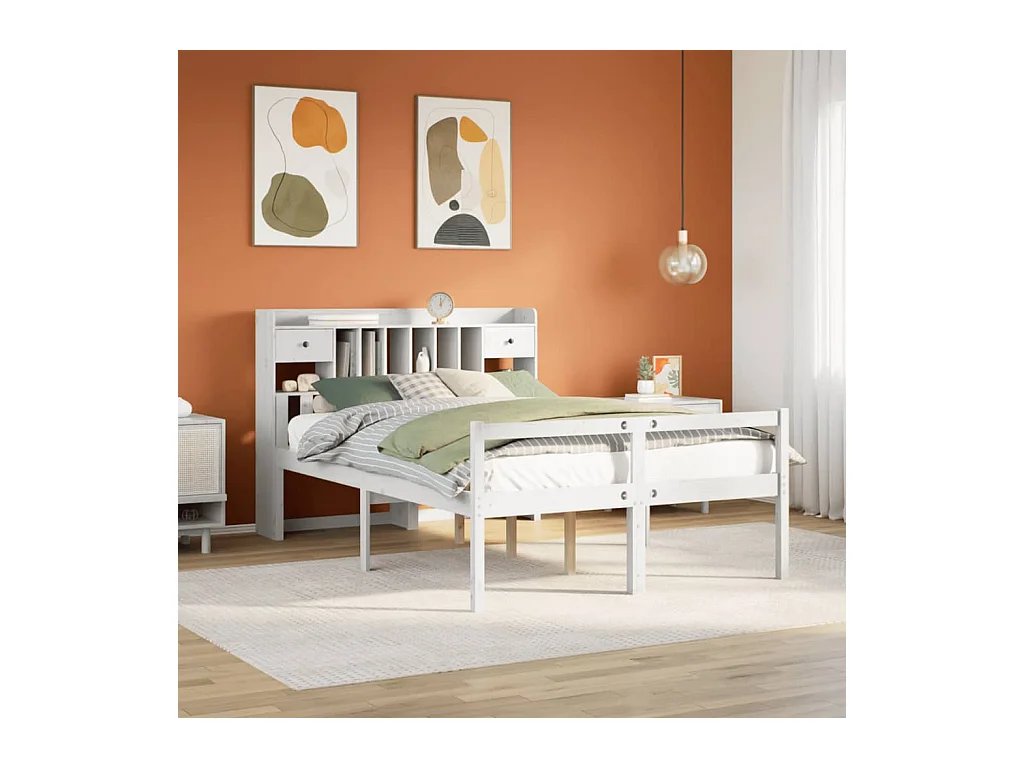 Cama con estantería sin colchón madera maciza blanca 150x200 cm