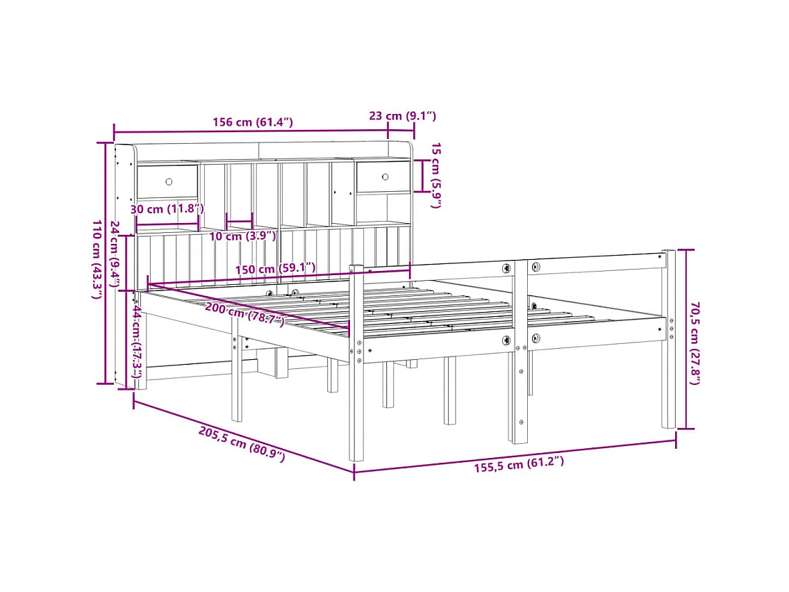 Cama con estantería sin colchón madera maciza blanca 150x200 cm