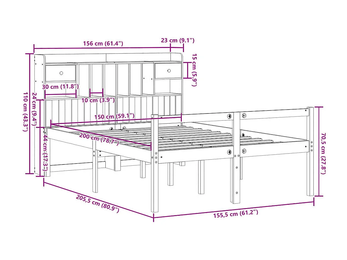 Lit bibliothèque sans matelas blanc 150x200 cm bois pin massif