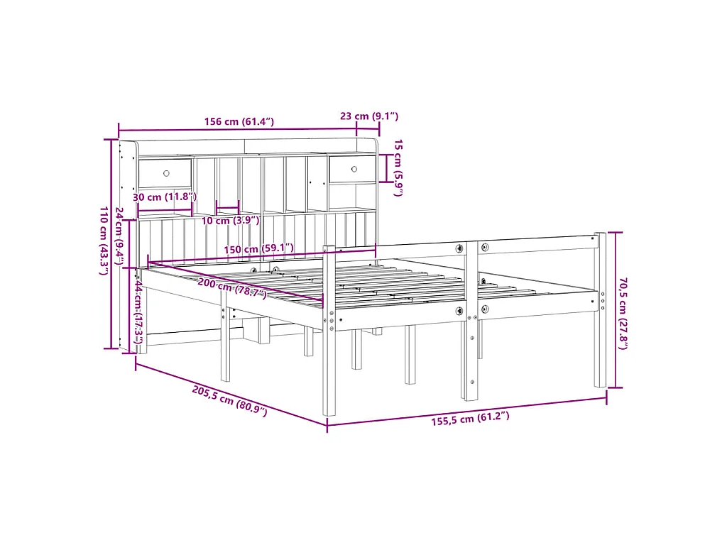 Cama com estante sem colchão 150x200 cm pinho maciço branco