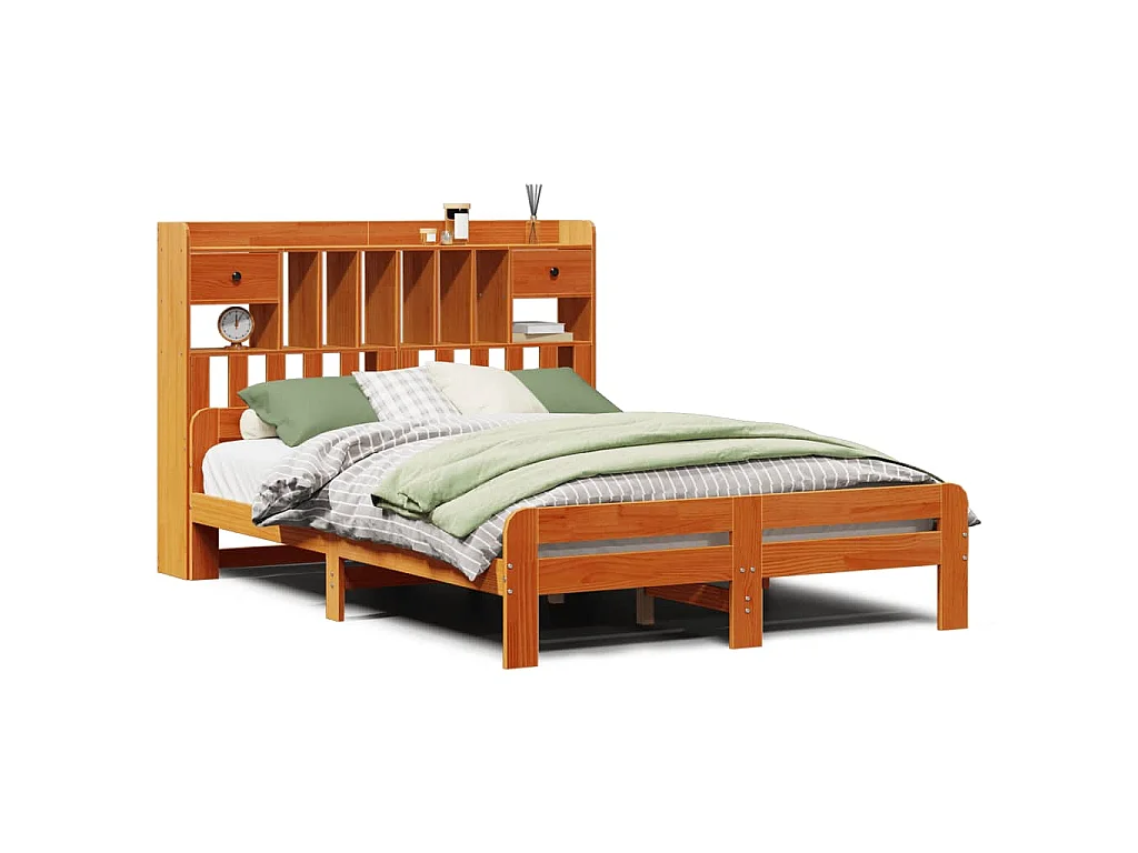Lit bibliothèque sans matelas cire marron 150x200 cm pin massif