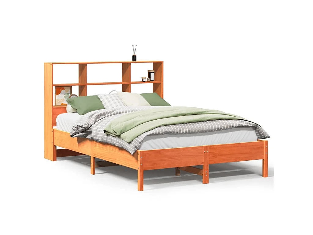 Lit bibliothèque sans matelas cire marron 150x200 cm pin massif